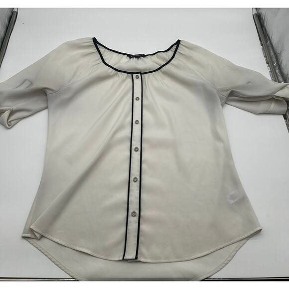 Express Sheer Blouse Women’s Small White Button Front 3/4 Sleeve Black Trim Top - Picture 1 of 6